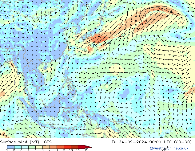 Surface wind (bft) GFS Tu 24.09.2024 00 UTC