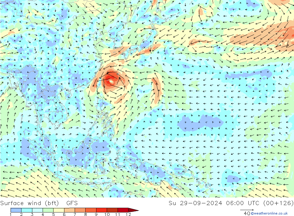  10 m (bft) GFS  29.09.2024 06 UTC