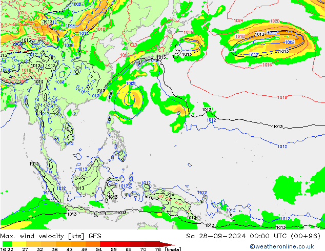 Max. wind velocity GFS сб 28.09.2024 00 UTC