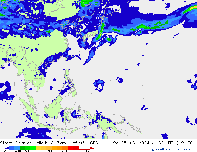 Storm Relative Helicity GFS mer 25.09.2024 06 UTC