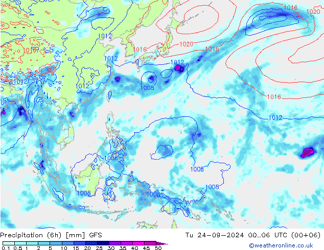 Precipitation (6h) GFS Út 24.09.2024 06 UTC