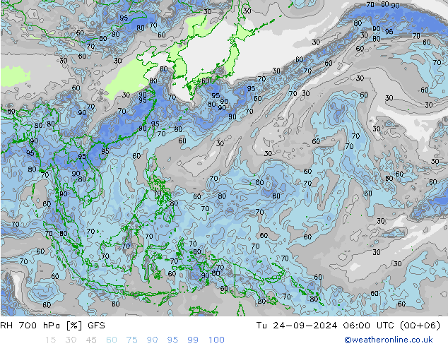 RH 700 hPa GFS Tu 24.09.2024 06 UTC