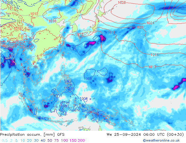 Precipitación acum. GFS mié 25.09.2024 06 UTC