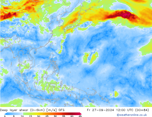 Deep layer shear (0-6km) GFS Fr 27.09.2024 12 UTC