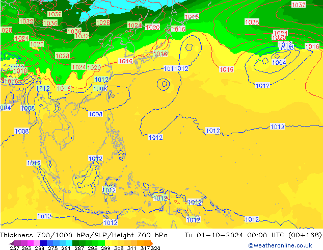 Thck 700-1000 hPa GFS mar 01.10.2024 00 UTC