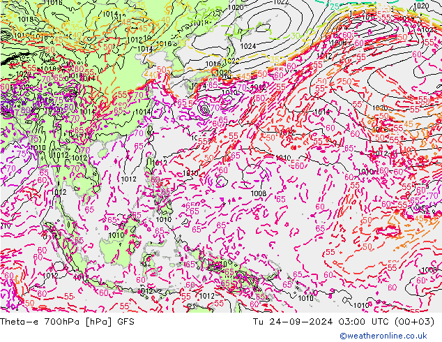 Theta-e 700hPa GFS  24.09.2024 03 UTC