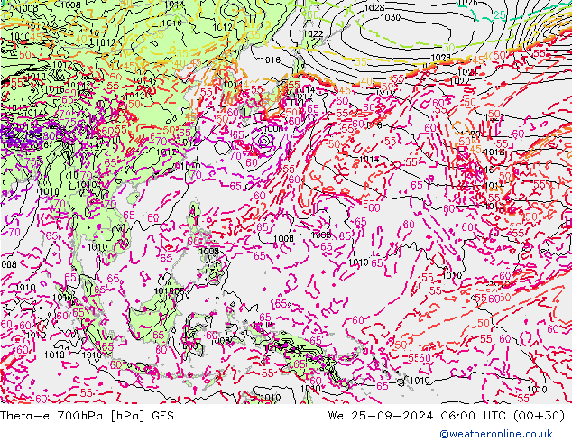 Theta-e 700hPa GFS śro. 25.09.2024 06 UTC