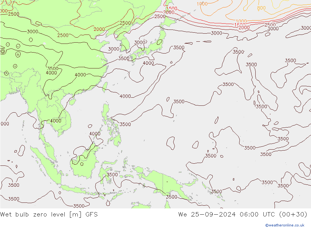 Wet bulb zero level GFS ср 25.09.2024 06 UTC