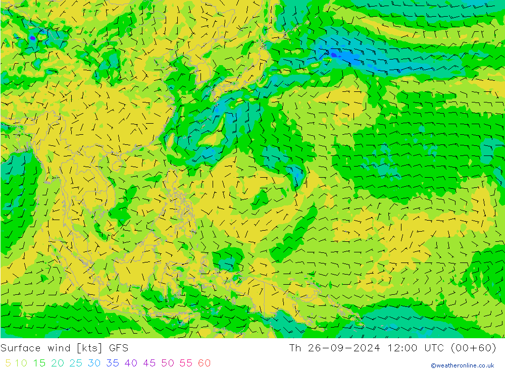 Surface wind GFS Čt 26.09.2024 12 UTC