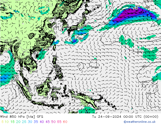 ветер 850 гПа GFS вт 24.09.2024 00 UTC