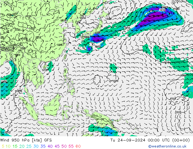 Wind 950 hPa GFS Tu 24.09.2024 00 UTC