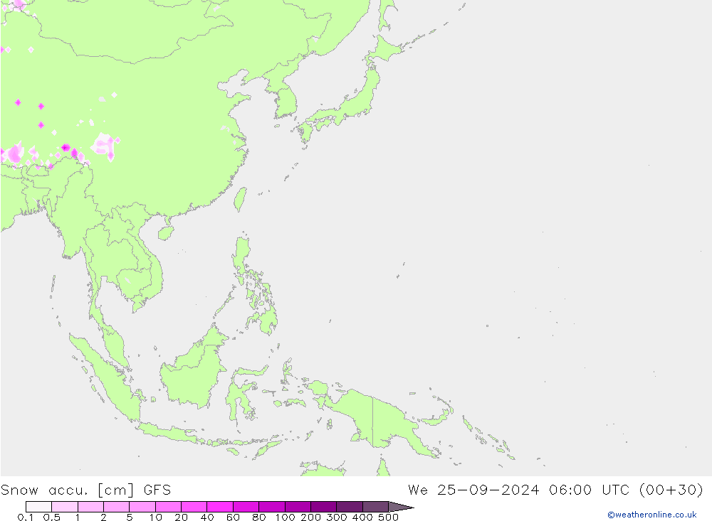 Глубина снега GFS ср 25.09.2024 06 UTC