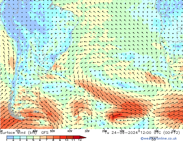 Surface wind (bft) GFS Tu 24.09.2024 12 UTC