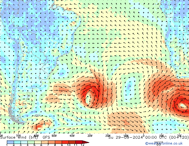 Wind 10 m (bft) GFS zo 29.09.2024 00 UTC