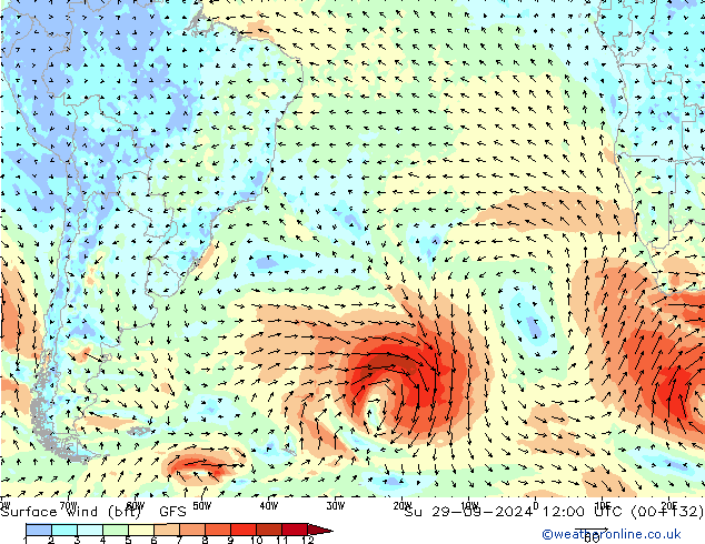 Surface wind (bft) GFS Su 29.09.2024 12 UTC