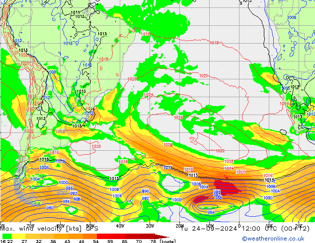 Max. wind velocity GFS Tu 24.09.2024 12 UTC