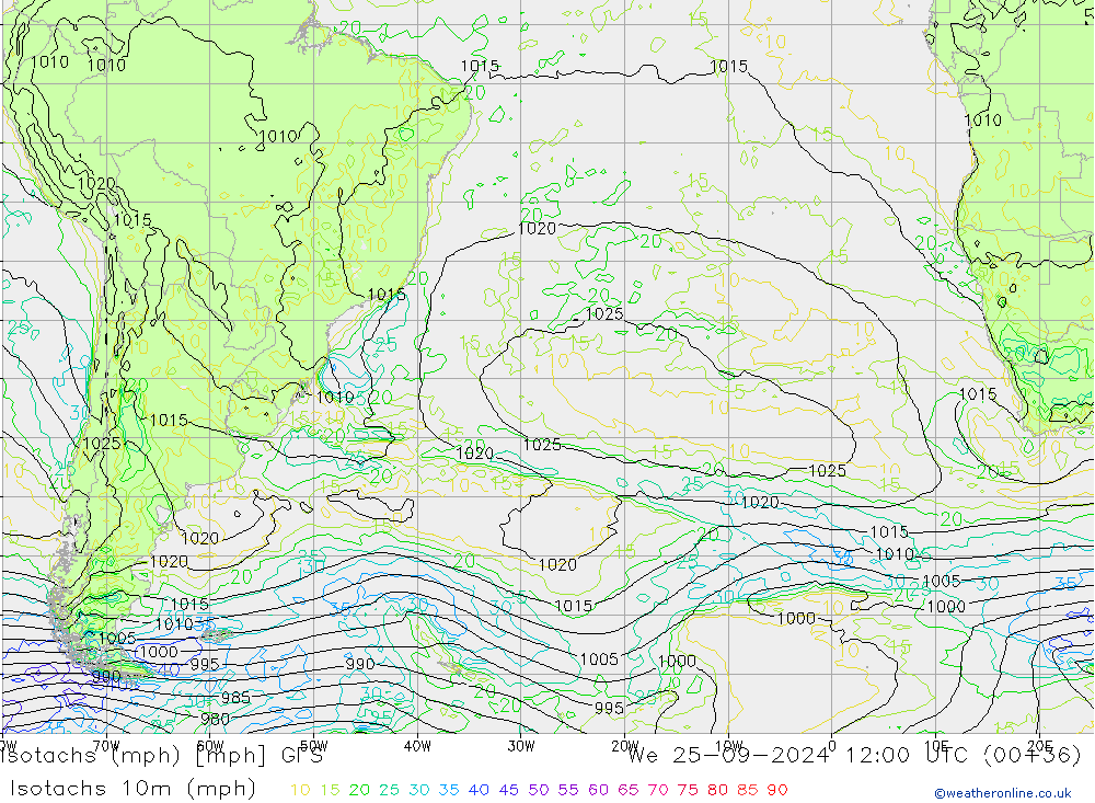 Isotachs (mph) GFS We 25.09.2024 12 UTC