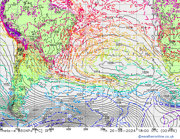 Theta-e 850гПа GFS чт 26.09.2024 18 UTC