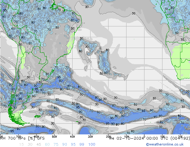 Humidité rel. 700 hPa GFS mer 02.10.2024 00 UTC