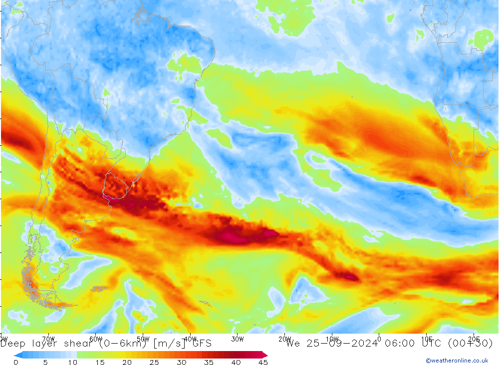 Deep layer shear (0-6km) GFS We 25.09.2024 06 UTC