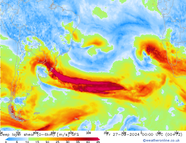 Deep layer shear (0-6km) GFS pt. 27.09.2024 00 UTC