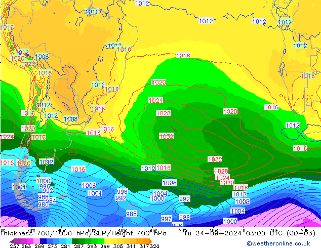 Thck 700-1000 гПа GFS вт 24.09.2024 03 UTC