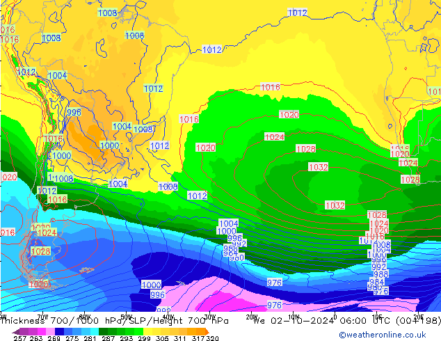 700-1000 hPa Kalınlığı GFS Çar 02.10.2024 06 UTC