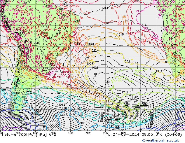 Theta-e 700hPa GFS Di 24.09.2024 09 UTC