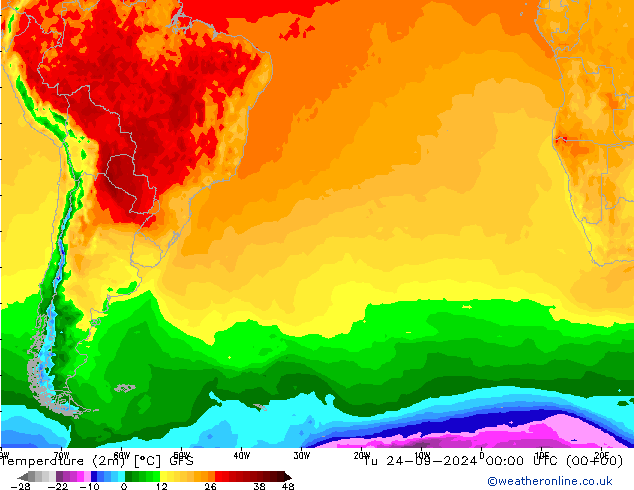 mapa temperatury (2m) GFS wto. 24.09.2024 00 UTC