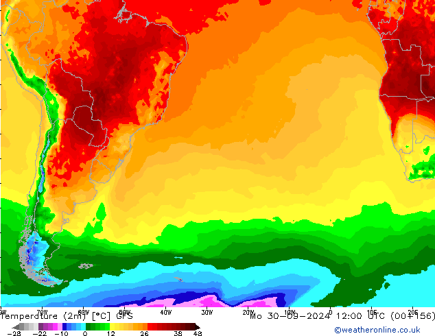 Temperatura (2m) GFS Seg 30.09.2024 12 UTC