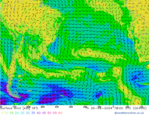 Viento 10 m GFS jue 26.09.2024 18 UTC