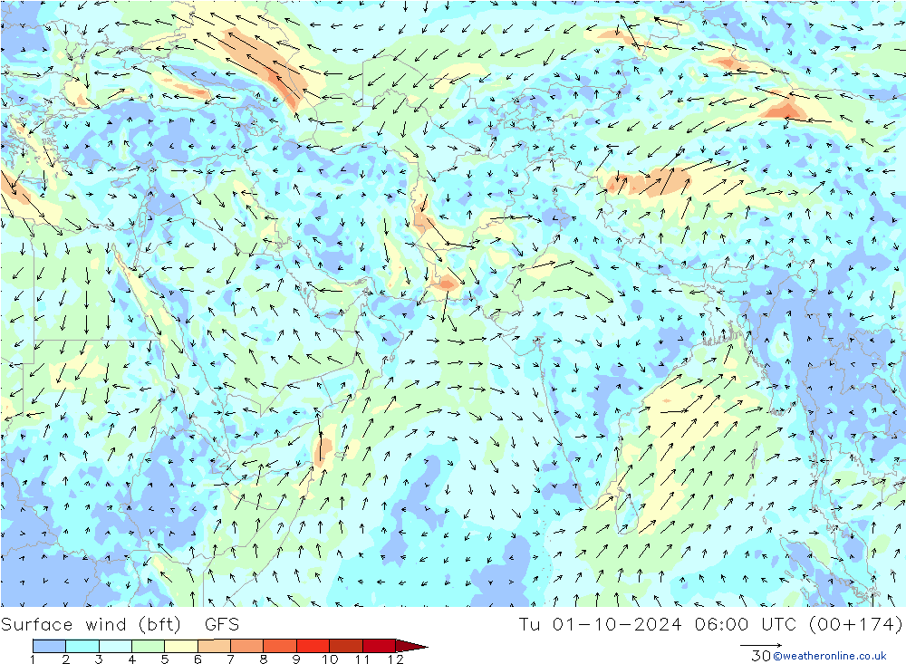  10 m (bft) GFS  01.10.2024 06 UTC