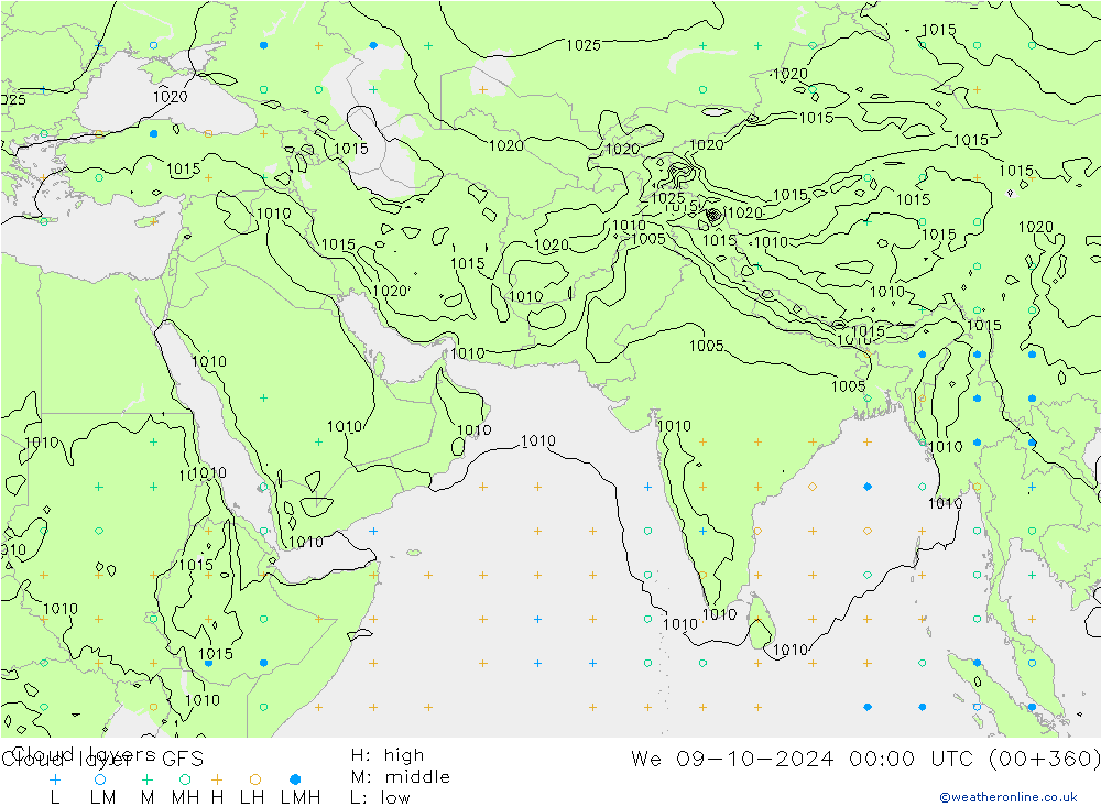 Cloud layer GFS We 09.10.2024 00 UTC