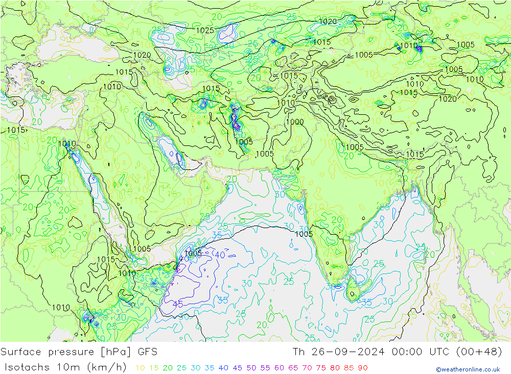 Isotachs (kph) GFS Čt 26.09.2024 00 UTC