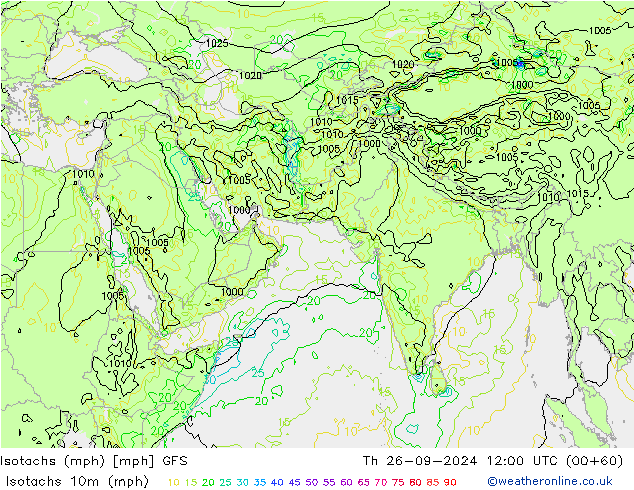 Isotachs (mph) GFS Th 26.09.2024 12 UTC