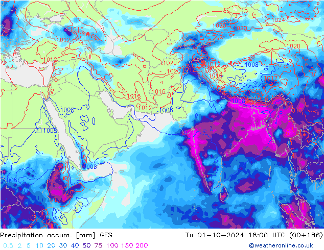 Totale neerslag GFS di 01.10.2024 18 UTC