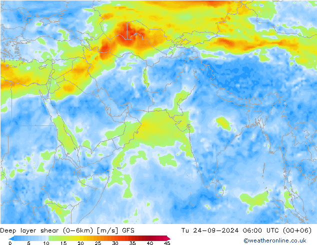 Deep layer shear (0-6km) GFS Út 24.09.2024 06 UTC