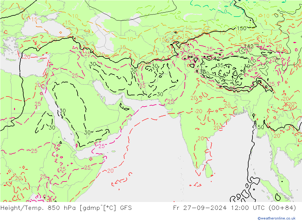 Height/Temp. 850 hPa GFS Pá 27.09.2024 12 UTC