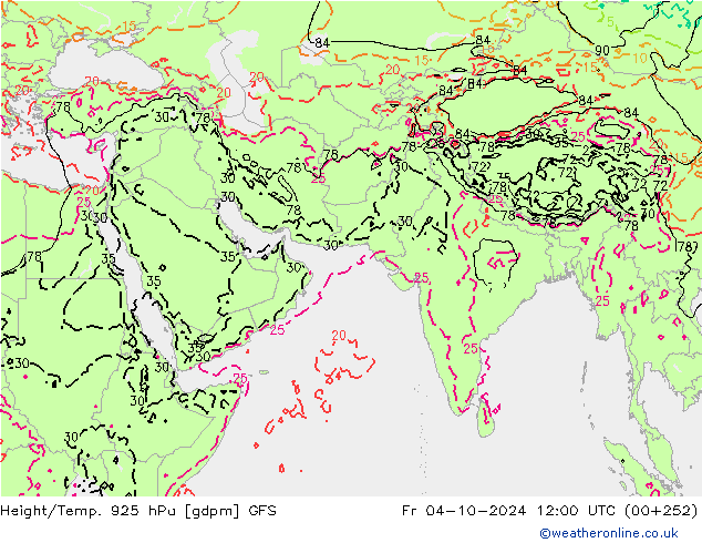 Geop./Temp. 925 hPa GFS vie 04.10.2024 12 UTC