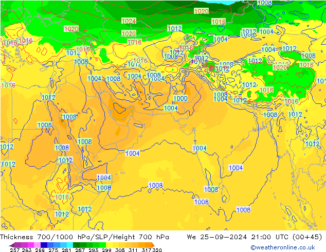 Thck 700-1000 гПа GFS ср 25.09.2024 21 UTC