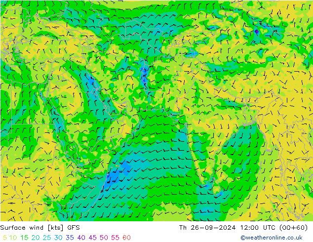 Surface wind GFS Čt 26.09.2024 12 UTC