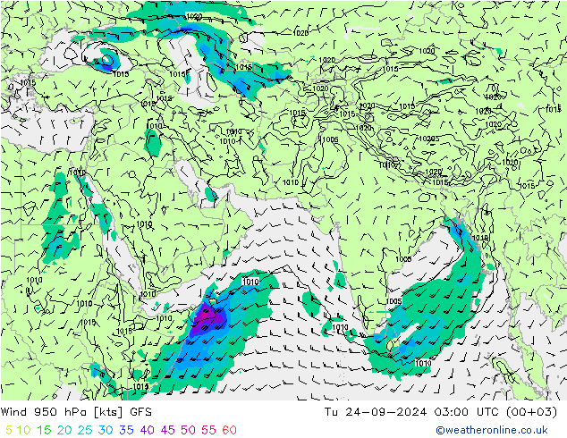 wiatr 950 hPa GFS wto. 24.09.2024 03 UTC