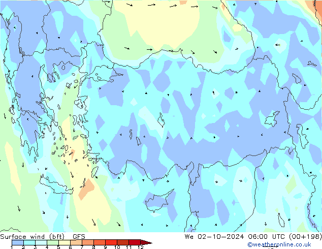 Vento 10 m (bft) GFS mer 02.10.2024 06 UTC