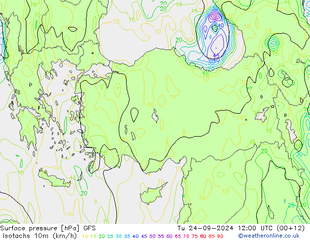 Isotachs (kph) GFS Tu 24.09.2024 12 UTC