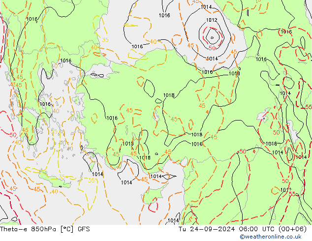 Theta-e 850hPa GFS wto. 24.09.2024 06 UTC