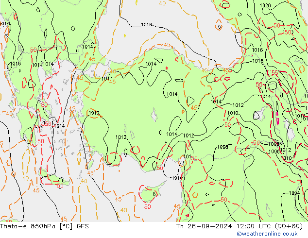 Theta-e 850hPa GFS czw. 26.09.2024 12 UTC