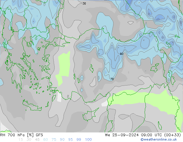 RH 700 hPa GFS Qua 25.09.2024 09 UTC