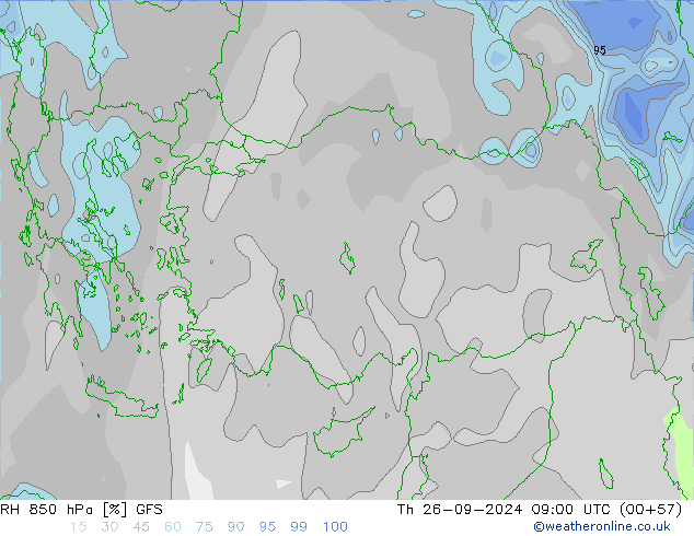 RH 850 гПа GFS чт 26.09.2024 09 UTC