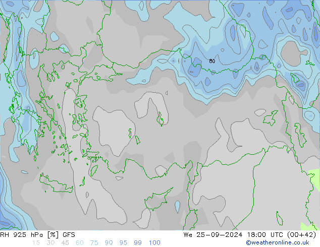 RH 925 hPa GFS śro. 25.09.2024 18 UTC