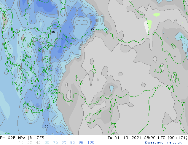 RH 925 hPa GFS wto. 01.10.2024 06 UTC